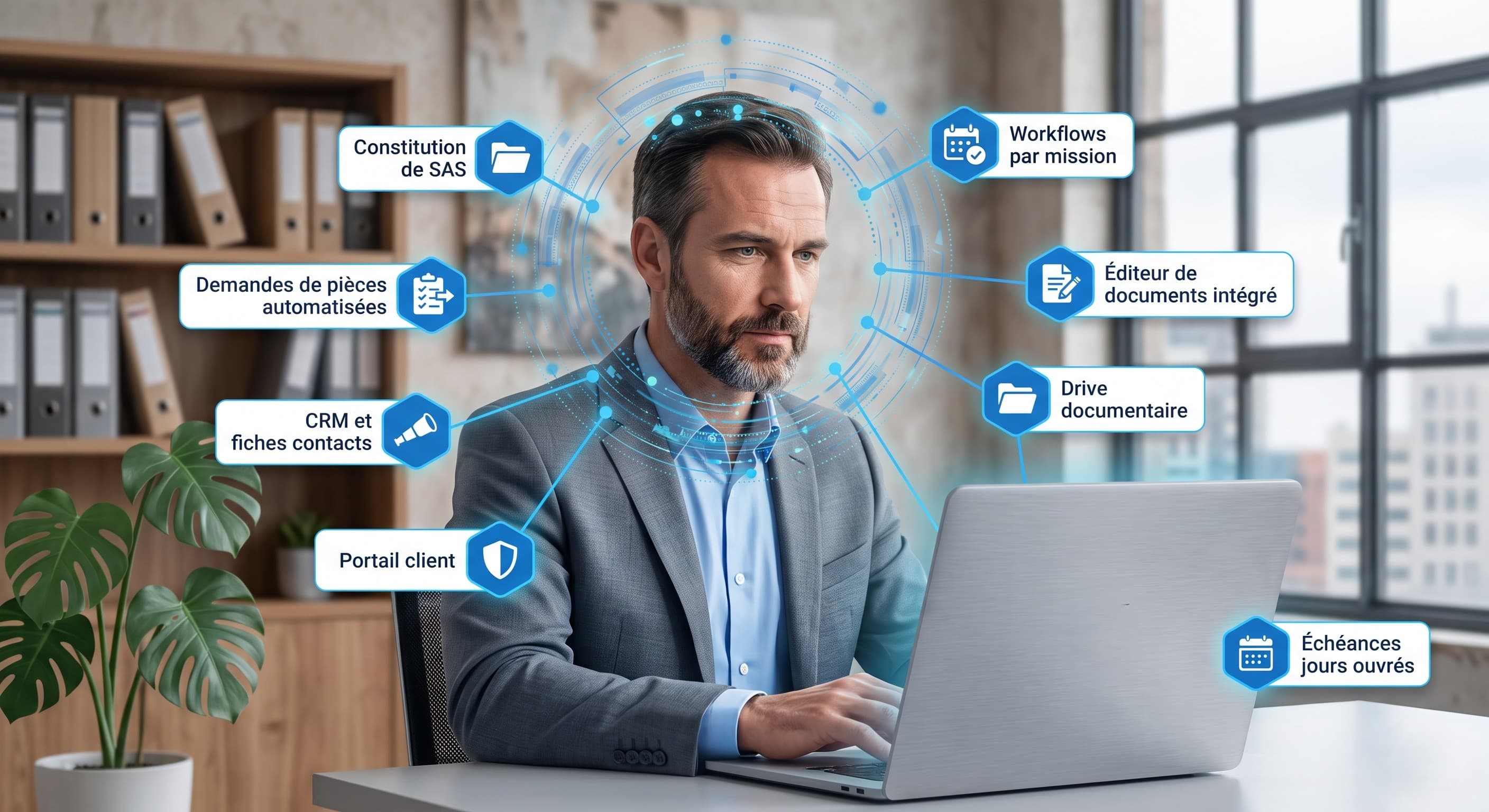 Un avocat travaille sur son ordinateur dans son cabinet. Autour de lui, les fonctions de Kanoo : workflows par mission, demandes de pièces automatisées, drive documentaire, éditeur de documents intégré, CRM et fiches contacts, portail client, échéances en jours ouvrés.